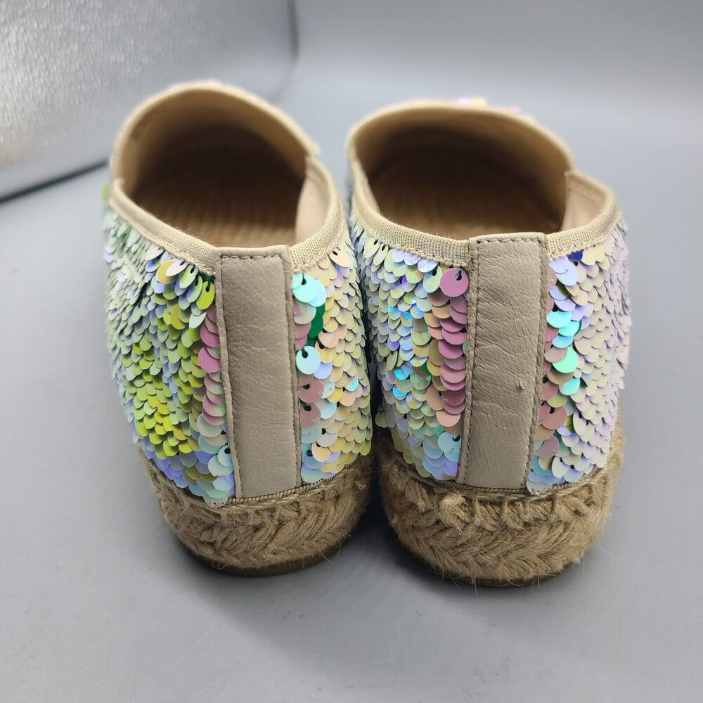 Tory Burch women flats sz 10 sequin espadrilles  ivory green logo new - Picture 7 of 13